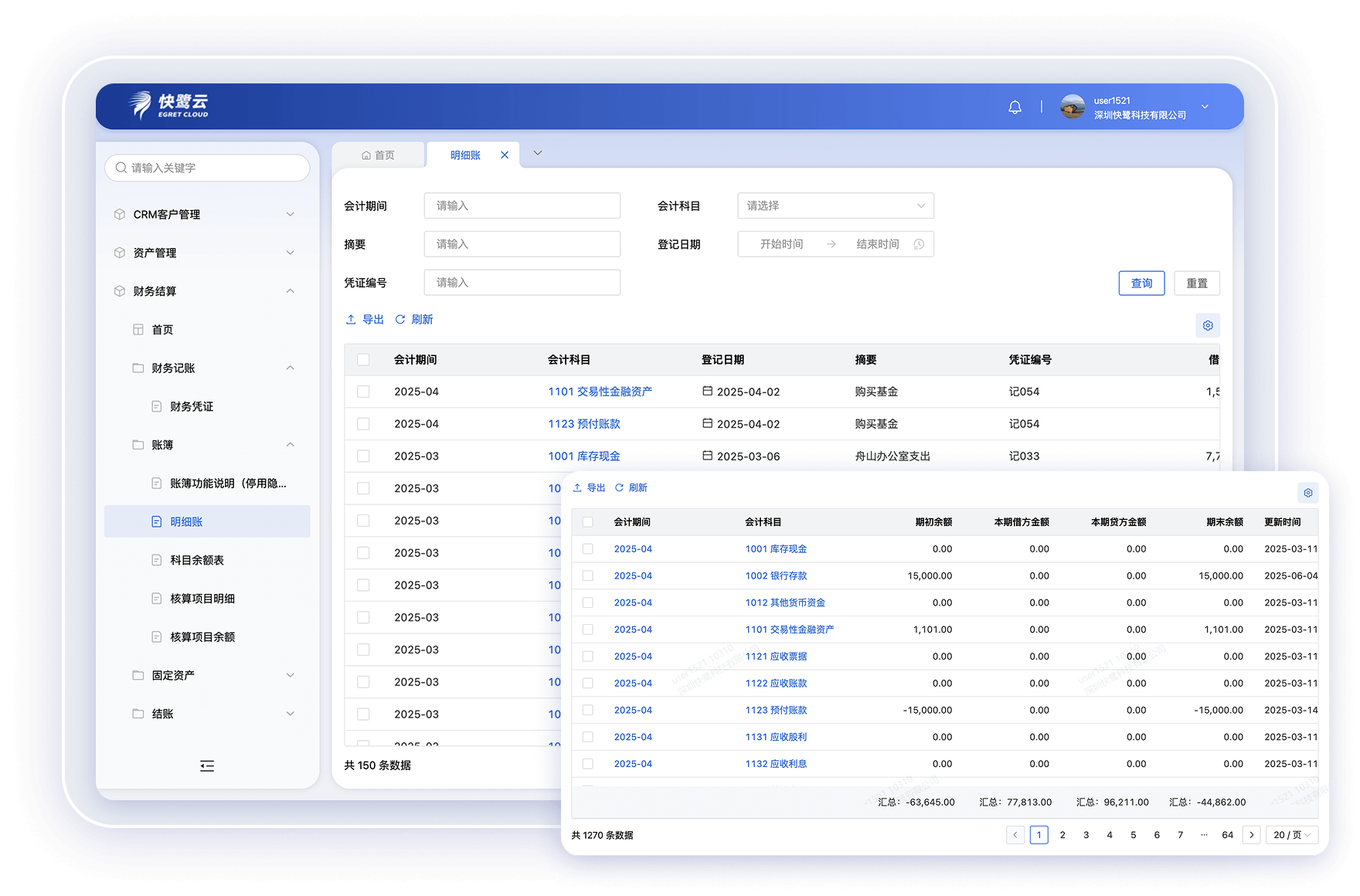 明细账/科目余额表/核算项目明细